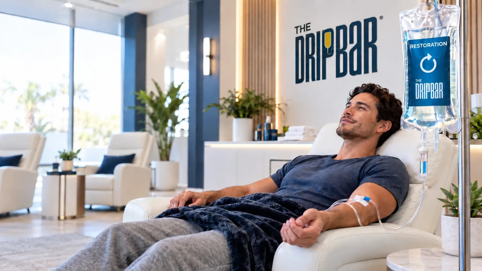 Client relaxing during a Hangover IV hydration visit at The DRIPBaR Flower Mound