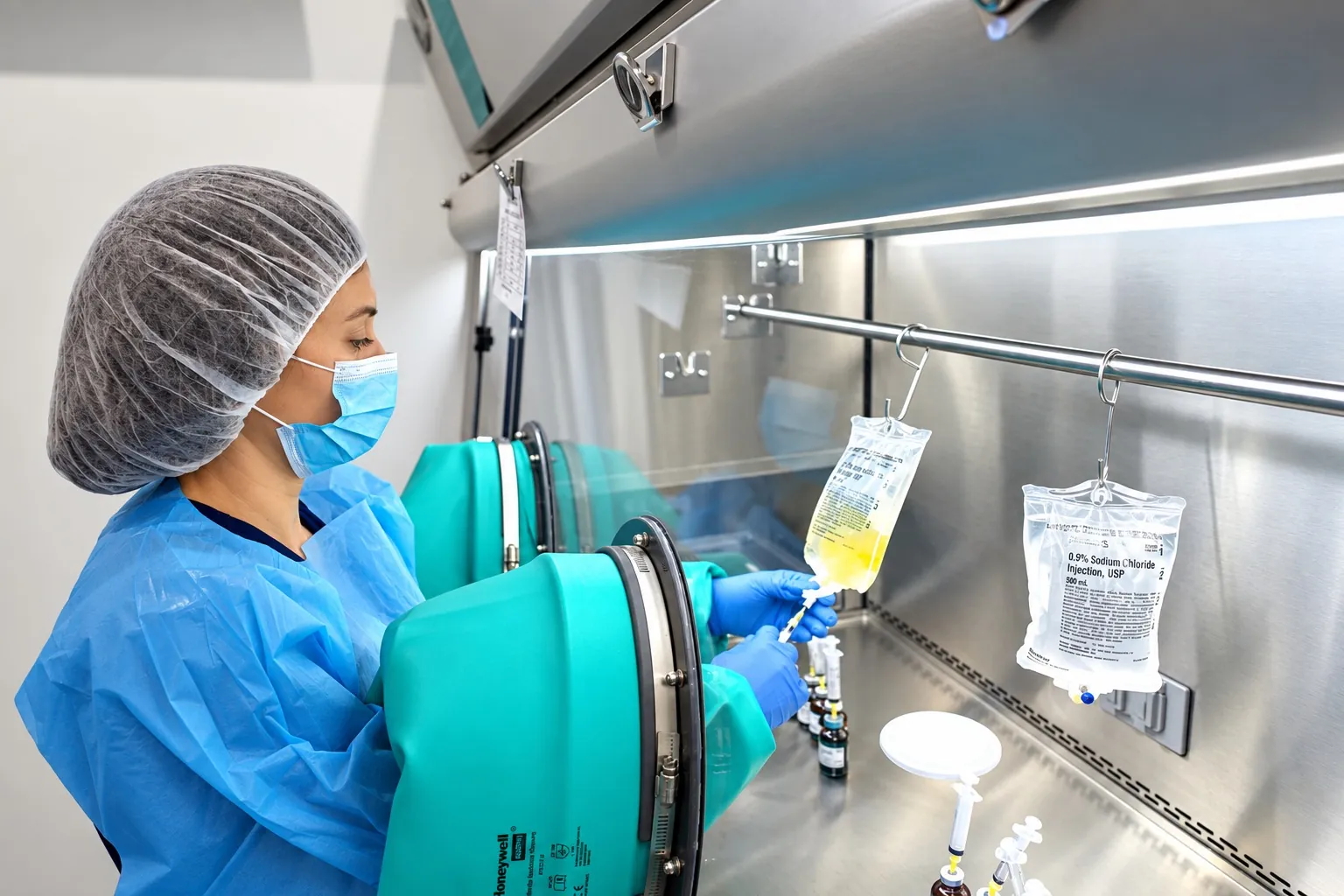 DRIPBaR nurse preparing an IV infusion in a sterile compounding hood at The DRIPBaR Flower Mound
